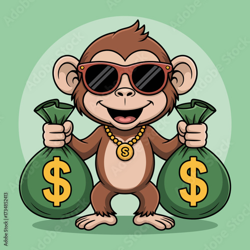 This stylish monkey character is wearing sunglasses and holding money bags, encapsulating a fun and cheeky personality in a playful illustration that's perfect for humor and creativity.
