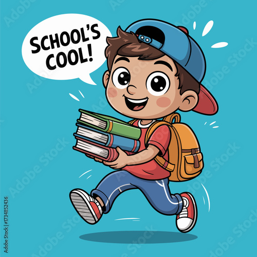 This vibrant illustration illustrates a joyful child running excitedly with books, symbolizing enthusiasm for learning and the thrill of going to school in a fun cartoon style.