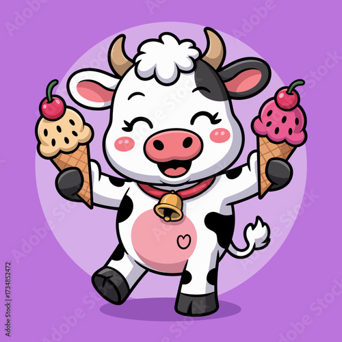 A delightful cow holds two ice cream cones, radiating joy and excitement. The colorful design brings a sense of summer fun and happiness to the viewer.