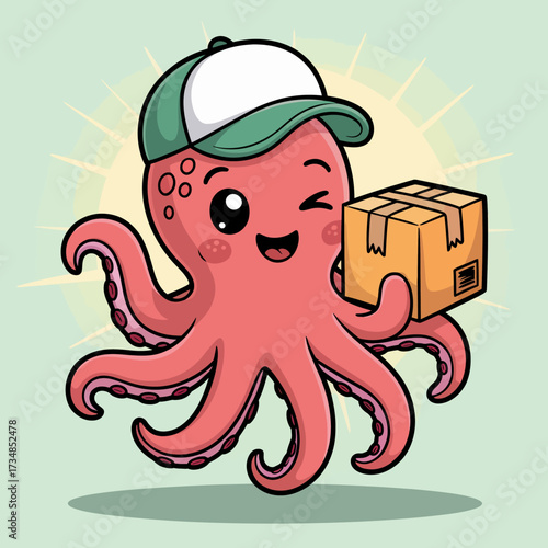 This adorable octopus with a cap cheerfully carries a package, symbolizing friendliness and service. The playful design stands out against a light backdrop.