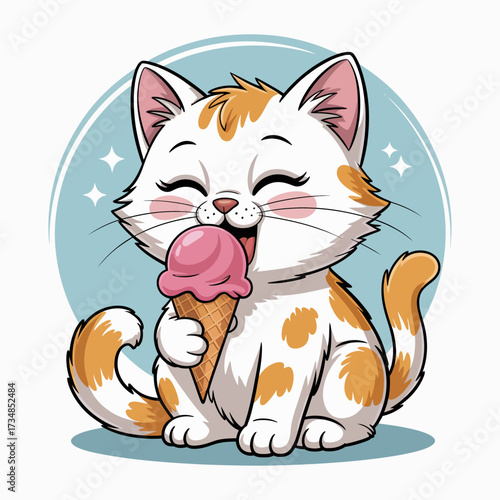 A cheerful cat holding an ice cream cone with a big smile, featuring pink ice cream. This delightful image captures the joy and innocence of pets enjoying treats.