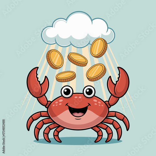 A happy crab is joyfully catching falling coins under a fluffy cloud, portraying an uplifting theme of prosperity and good fortune in an amusing and playful way.