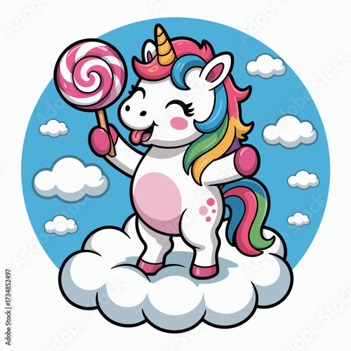 A cheerful unicorn stands on a fluffy cloud, happily holding a large lollipop. This whimsical scene captures joy, imagination, and fantasy in vibrant colors.
