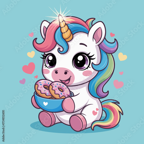 This whimsical illustration presents a charming unicorn holding a bowl of colorful doughnuts, blending fantasy with culinary delight in a cheerful and playful way.