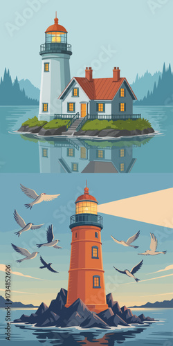 A picturesque lighthouse stands guard on a small island, surrounded by tranquil waters, mountains and a clear blue sky, radiating peace and safety for passing boats.