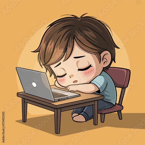 This touching image captures a tired child peacefully sleeping on a desk next to a laptop, highlighting the struggles of modern education and fatigue.