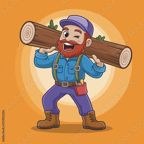 A colorful character of a lumberjack joyfully carrying a log, showcasing strength, vibrancy, and a connection to nature in a playful and cartoonish illustration.