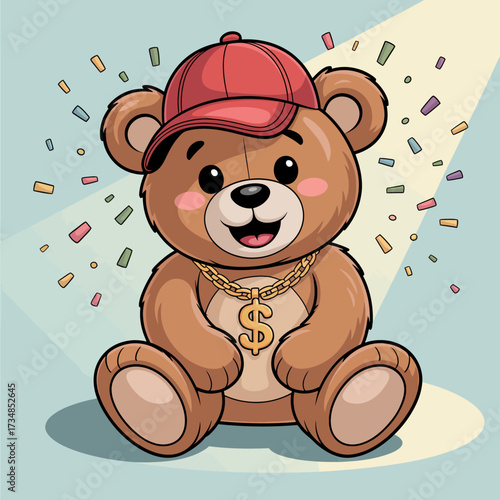 A cute bear character wearing a cap and gold chains exudes fun and celebration, capturing the spirit of joy and companionship in a playful and cheerful artistic style.