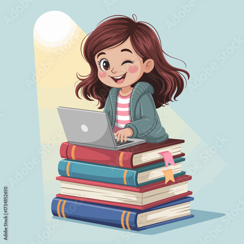 A cheerful girl sitting atop a stack of books, focused on her laptop, symbolizes learning, creativity, and youthful enthusiasm in a vibrant, playful illustration.