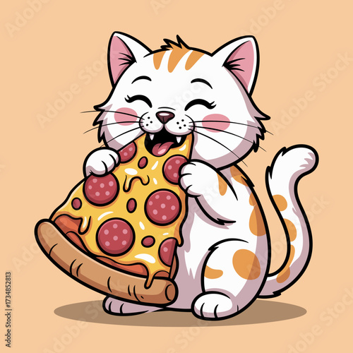 An adorable cat with orange spots is joyfully eating a slice of pepperoni pizza, showcasing delight and happiness in a cartoon style designed for food lovers.