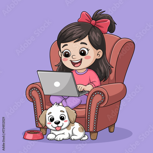 A charming illustration of a girl sitting in an armchair with her laptop while a playful puppy is resting beside her, showcasing companionship and productivity at home.