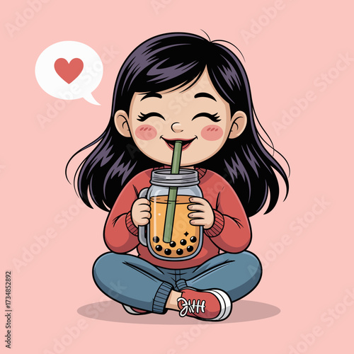 This cheerful girl is relishing her bubble tea, symbolizing joy and a love for delicious beverages. Her vibrant expression and cute attire bring a sense of happiness and fun.