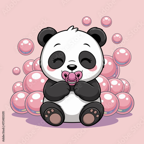 A cheerful panda sits among pink bubble gum balls, blissfully chewing on a pacifier, capturing the essence of cuteness and joy in a whimsical, playful way.