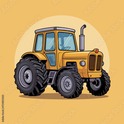 A charming illustration of a bright yellow tractor, emphasizing agricultural themes and childhood nostalgia, crafted in a playful and vibrant cartoon style.