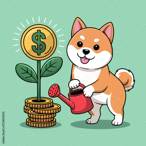 A cheerful Shiba Inu dog waters a plant that has grown coins, symbolizing growth and prosperity. The design is energetic and vibrant, radiating positive vibes.