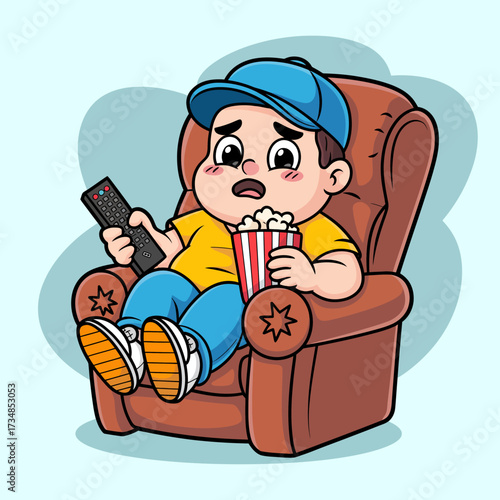A young boy in a cozy chair watching TV with popcorn, expressing excitement and joy. This image captures leisure time and the joy of entertainment.