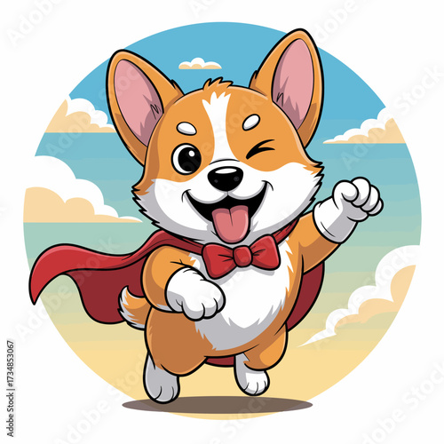 This adorable image features a happy corgi dog dressed as a superhero, showcasing fun and imagination in a sunny and energetic setting, symbolizing joy and bravery.