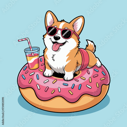 A cute corgi relaxing on a large donut, wearing sunglasses and enjoying a refreshing drink, symbolizes joy, summer fun, and playful leisure moments in a vibrant design.
