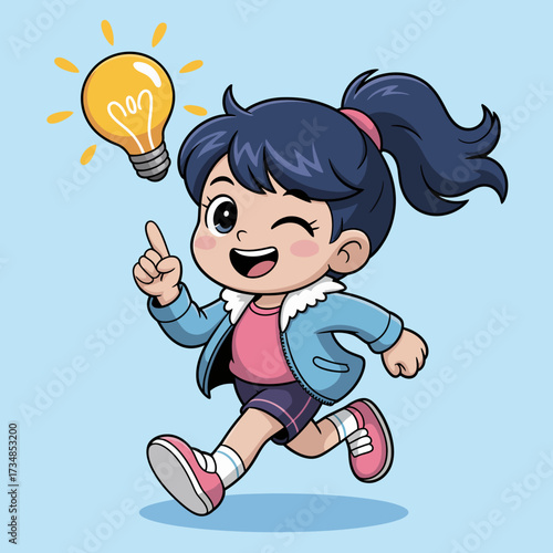A young girl happily runs with a light bulb illuminating an idea above her head, symbolizing creativity, inspiration, and the joy of discovery in a colorful cartoon world.