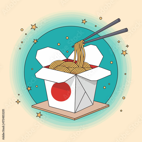 This image features a takeout box filled with delicious noodles, showcasing chopsticks poised to pick up a noodle, symbolizing culinary delight and convenience.
