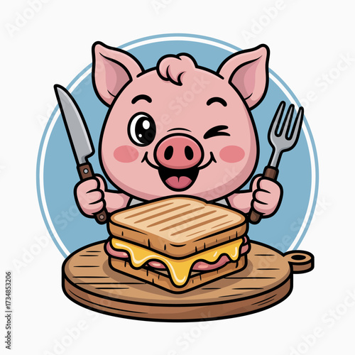 This cheerful pig character is ready to enjoy a delicious sandwich, displaying a fun and whimsical style that brings a sense of joy and appetite to viewers.