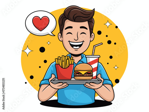 A joyful man happily holds a burger and fries, embodying the exuberance of food enjoyment and the delightful moments that come from sharing delicious meals.