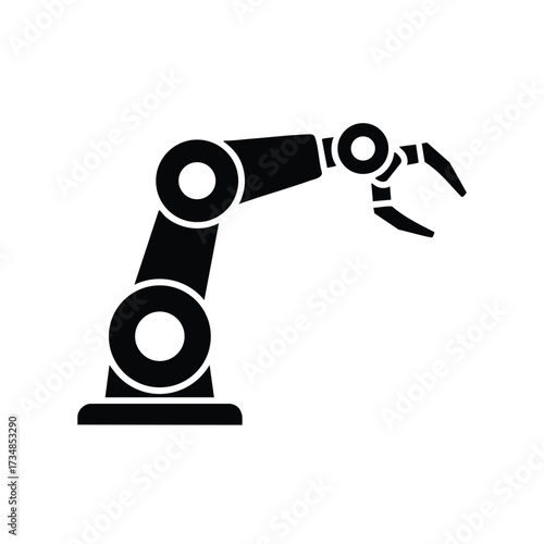 Simplified silhouette of a robotic arm with articulated joints and a gripping claw, representing automation and industrial technology