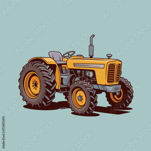 This stylized illustration depicts a robust yellow tractor, conveying strength and reliability, perfect for agricultural themes and rural life.