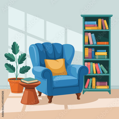 This inviting living room features a plush blue chair, a potted plant, and a bookshelf filled with colorful books, offering a cozy atmosphere for relaxation and reading.
