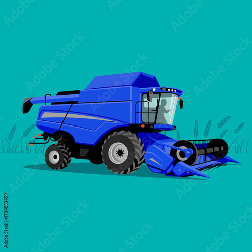 A striking blue combine harvester stands alone against a vibrant green backdrop, showcasing agricultural machinery and innovation in a bold, graphic style.