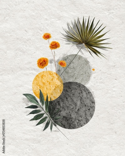 Abstract floral arrangement with circles on textured surface