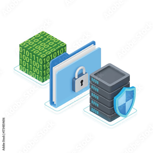 Vector illustration of a cybersecurity icon set with a green binary code cube, a blue locked folder, and a gray server with a blue shield, conveying a secure and protected digital