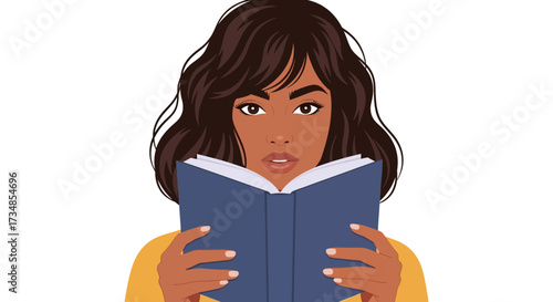 Illustration of a woman reading book with dark hair and skin tone vector art