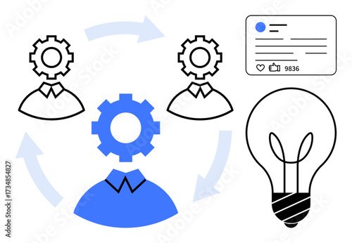 Gear icons within profiles, light bulb symbolizing ideas, social post with engagement stats, arrows indicating flow. Ideal for teamwork, brainstorming, innovation, networking, idea generation social