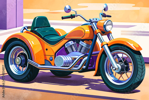 "Vibrant orange trike motorcycle, illustrated in a glossy and highly detailed vector style, isolated against a sky background, perfect for stock design