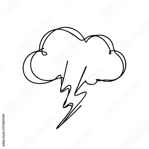 Abstract continuous line drawing of a lightning bolt from a cloud, minimalistic black and white design, concept of creativity and elegance, graphic design studios, art shops