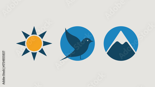 Set of minimalist weather icons simple flat vector design elements sun bird and mountain symbols isolated on white background