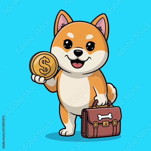 This adorable Shiba Inu holds a gold coin and a briefcase, embodying the essence of positivity, success, and wealth in a whimsical and heartwarming way.