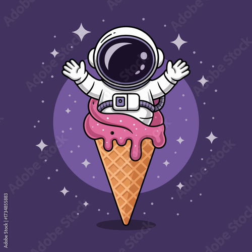 An imaginative astronaut cheerfully poses on a large ice cream cone, blending whimsy and adventure, showcasing creativity and joy in a fun cosmic-themed artwork.