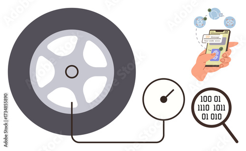 Car wheel with sensor measuring pressure, connected to magnified digital data displayed on smartphone. Ideal for technology, automation, vehicle safety, innovation, IoT, data analysis, simple flat