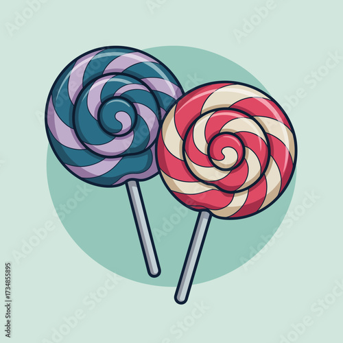This delightful illustration showcases vibrant swirled lollipops in various colors, evoking a sense of fun and nostalgia, perfect for candy or dessert themes.
