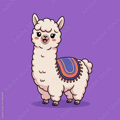This delightful illustration presents a fluffy alpaca draped in a colorful blanket, exuding charm and friendliness, perfect for animal lovers and children.