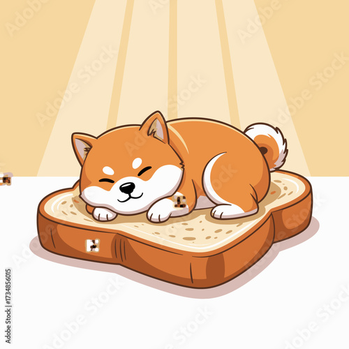 This charming image features a cute Shiba Inu puppy cozily napping on a slice of toast, radiating warmth and comfort while bringing a smile to anyone who sees it.