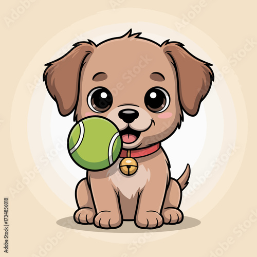 A lovable illustration of a young puppy happily holding a green tennis ball, showcasing the joy of pets and playfulness in a warm and inviting setting.
