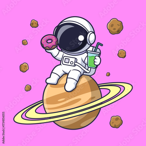 An astronaut relaxes on the rings of Saturn, savoring a donut and a drink, representing joy and indulgence in a cosmic setting of humor and creativity.