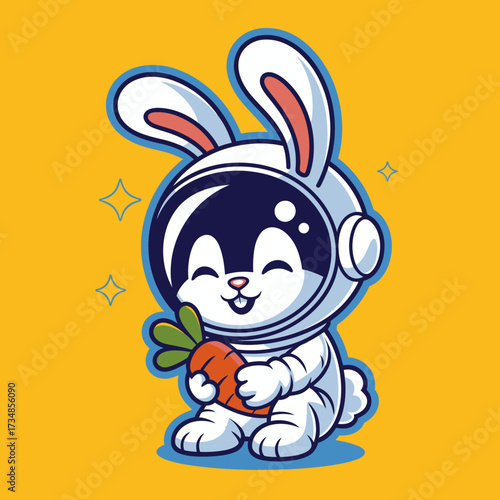 This adorable bunny in an astronaut suit holds a carrot and is surrounded by a whimsical space background, showcasing charm and playful adventure.