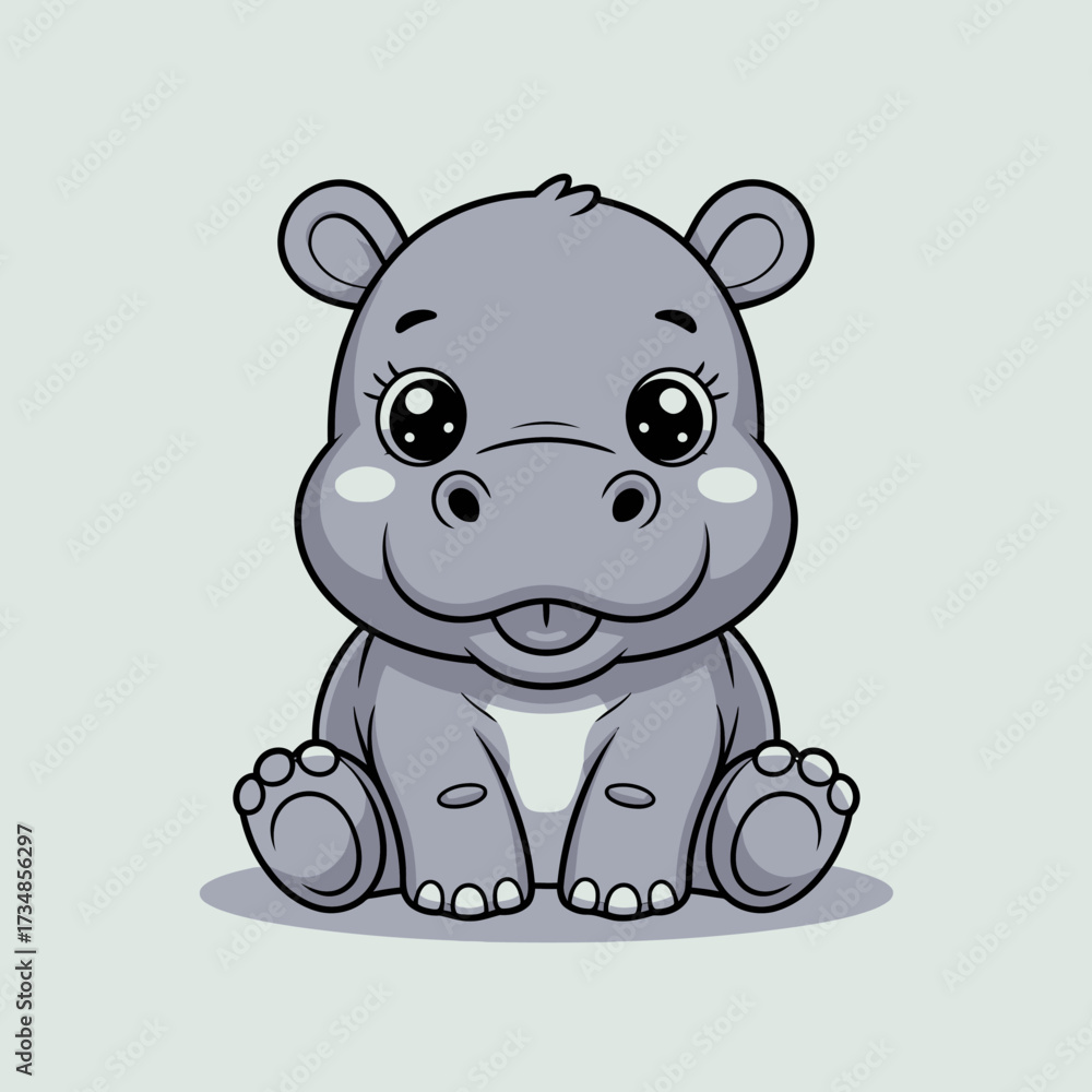 Naklejka premium This lovable illustration depicts a cute hippo sitting happily, showcasing charm and friendliness in the animal kingdom, perfect for evoking joy and warmth in children's art.
