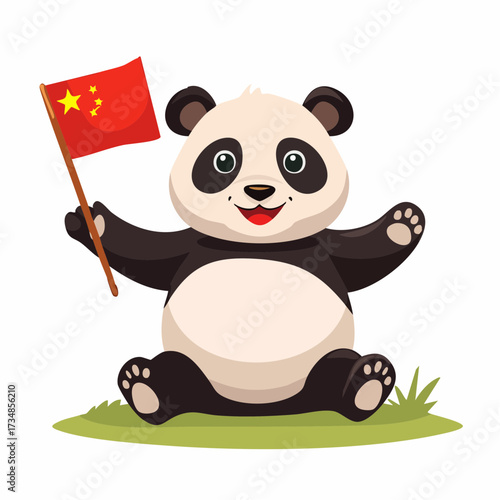 Happy panda holding Chinese flag, celebrating Chinese culture and its wildlife on grass