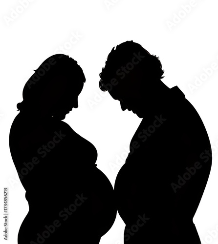 Silhouette of a pregnant woman and man touching bellies, symbolizing parenthood and anticipation.