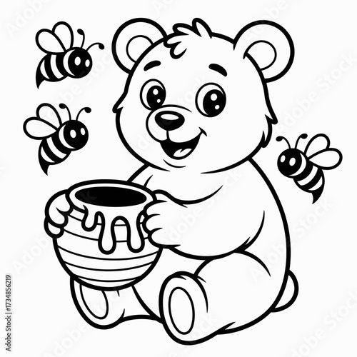A cute bear joyfully holding a honey pot, surrounded by buzzing bees, capturing the sweetness and innocence of nature in a charming, cartoonish style.